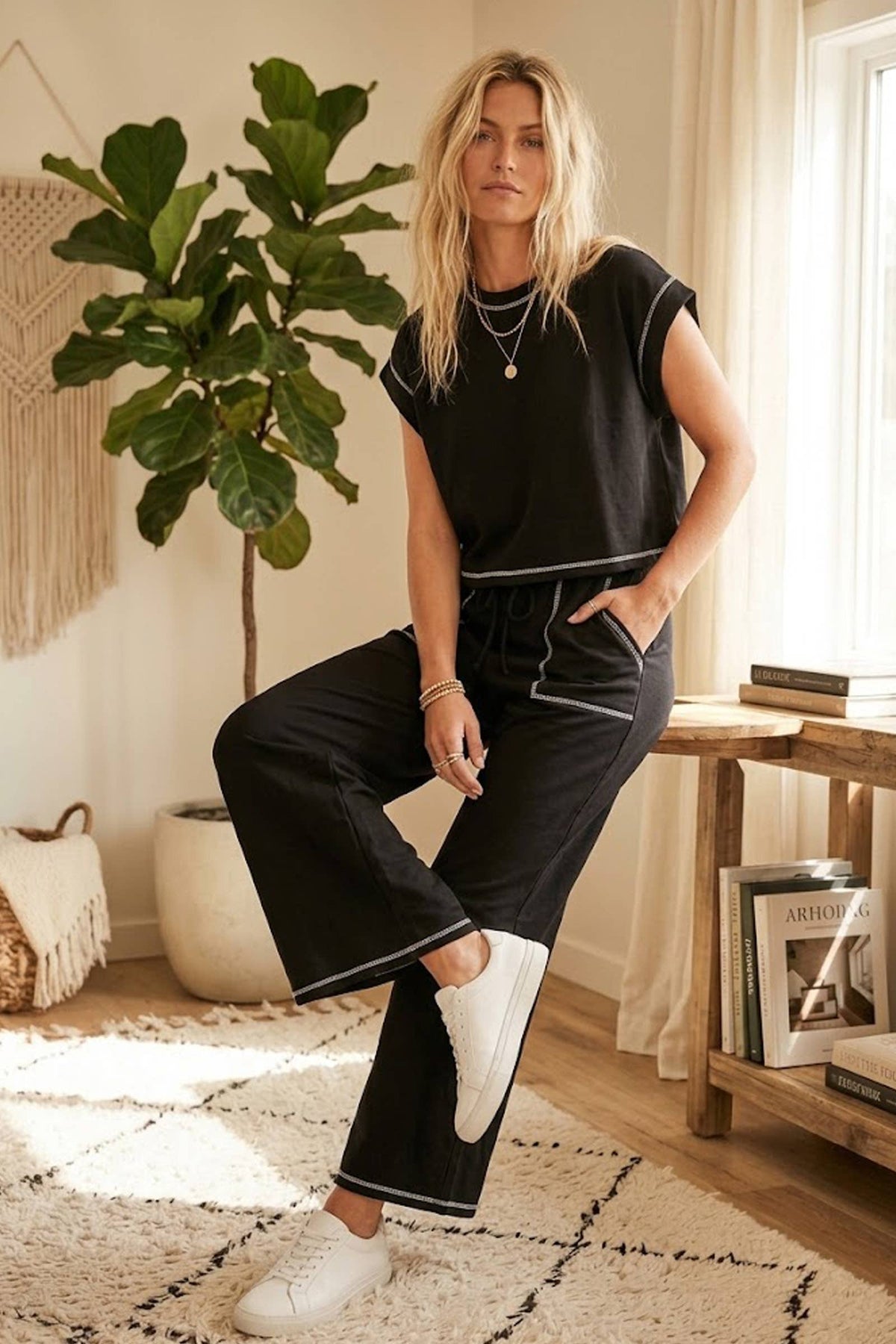 Black Contrast Stitch Scuba Lounge Set