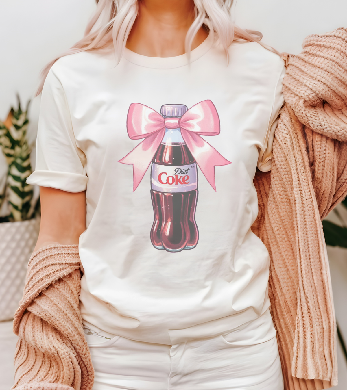 Pink Bow Diet Coke bottle valentine bow soda Graphic Tee: Peach / S