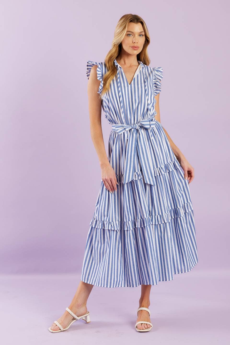 Blue & White Striped Midi Dress
