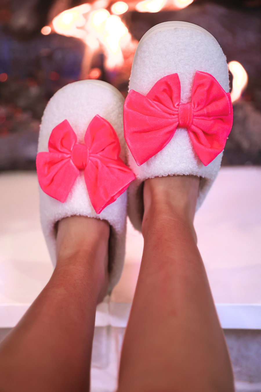 PREORDER- Cozy Bow Slippers- White/Hot Pink