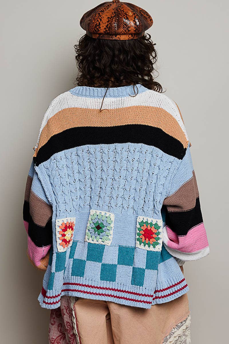 Handmade Patchwork Striped Chenille Sweater Open Cardigan: ROSE MULTI / S