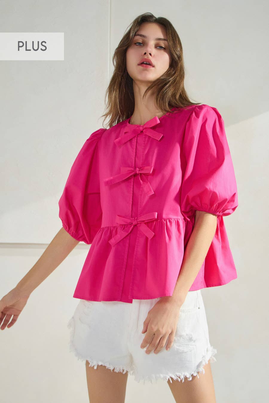Plus Solid Cotton Poplin Front Tie Ribbon Blouse: Red / XL