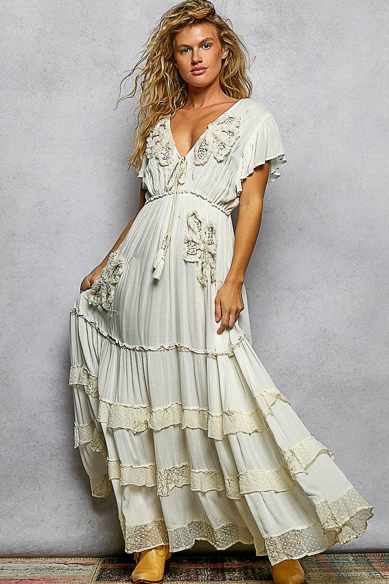 Ruffle Trim V-neck Embroidery Sequins Tassel Long Dress: IVORY / S