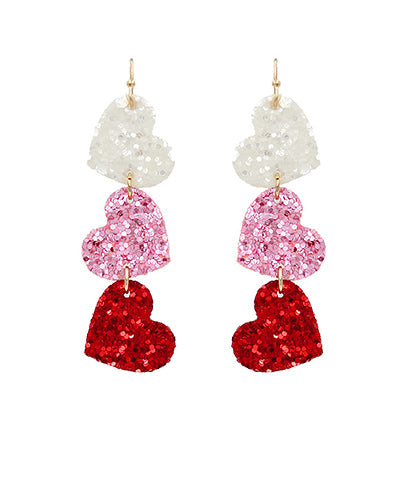 Glitter Heart Triple Drop Earrings