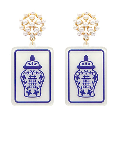 Blue Willow Mahjong Drop Earrings