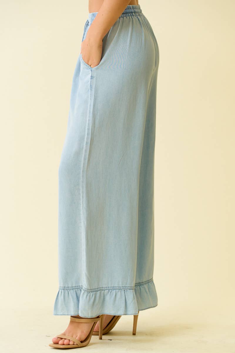 DENIM RUFFLE BOTTOM WIDE LEG PANTS - 8887P: DENIM / S