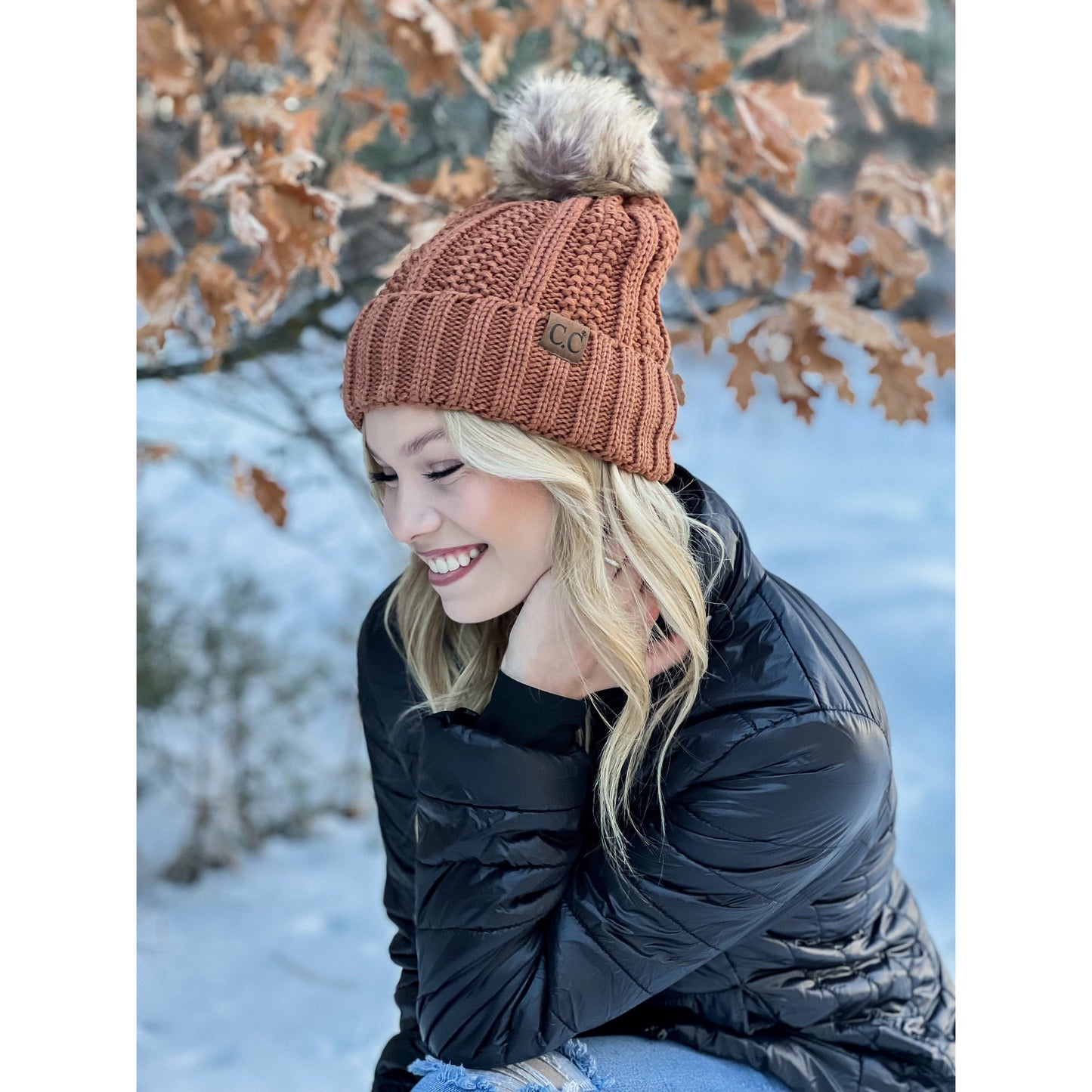 Lemonade Fuzzy Lined Fur Pom CC Beanie