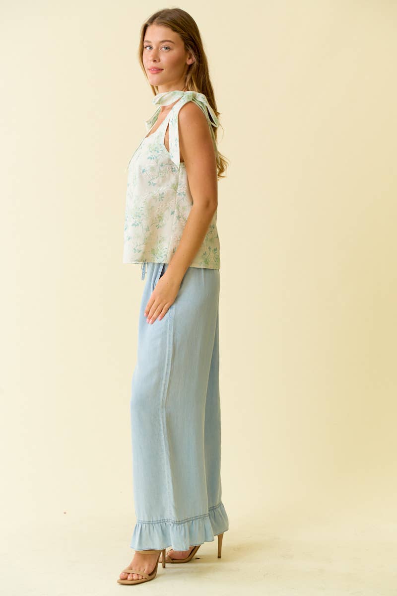DENIM RUFFLE BOTTOM WIDE LEG PANTS - 8887P: DENIM / S