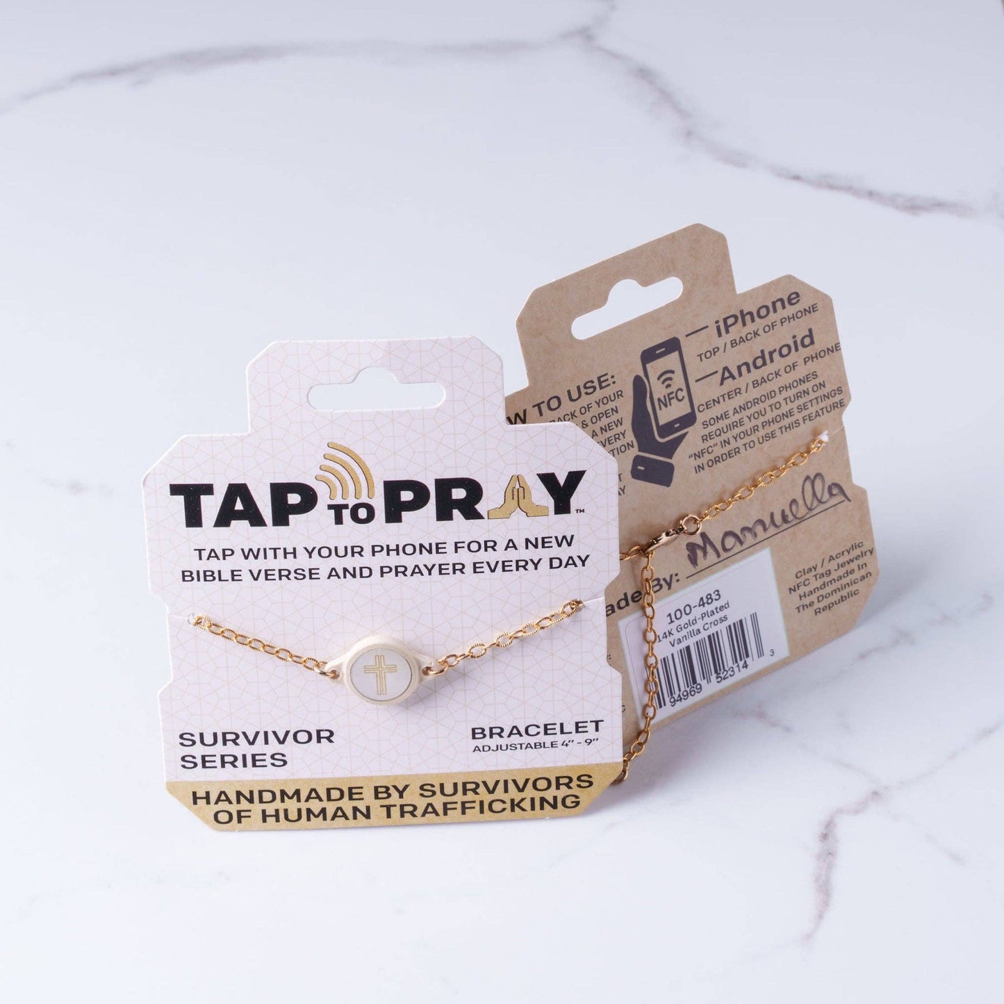 Tap To Pray® Survivor Series Bracelet: 14K Gold-Plated + Vanilla Cross