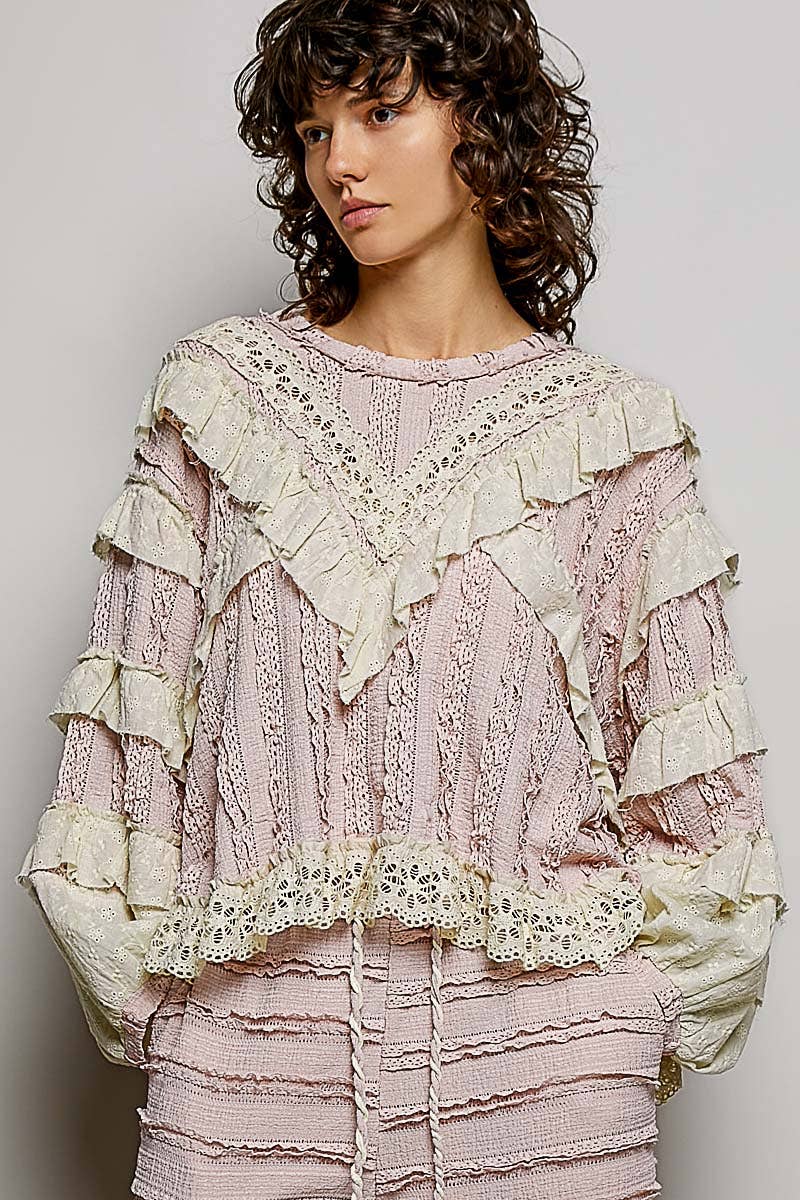 Eyelet Ruffle Raw Edge Trim Lace Solid Knit Top: CREAM BEIGE / S