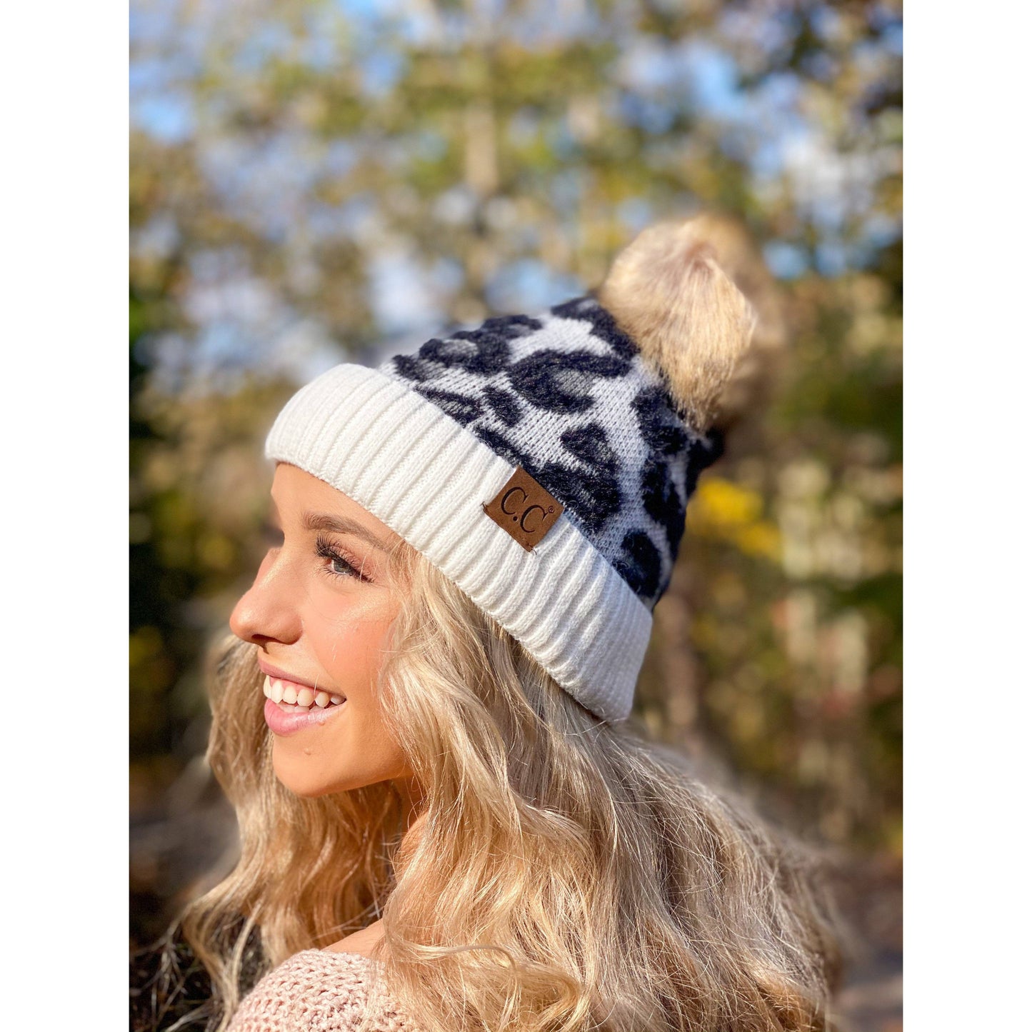 Ivory Leopard Pom Beanie
