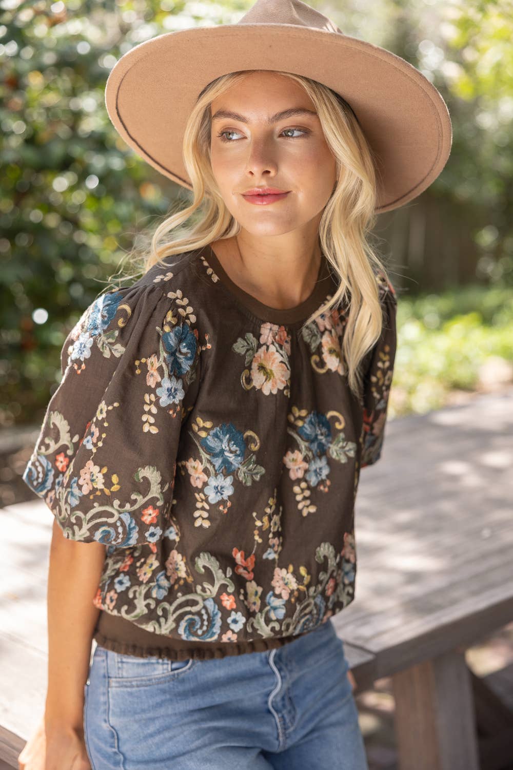 37037 Floral Embroidered Boarder Print Rib Band Top: Brown / S