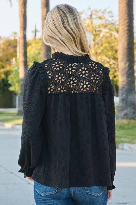 Black Eyelet Long Sleeve Blouse