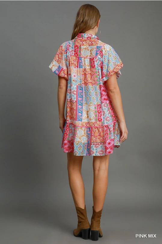 Patchwork Print Smocked Mini Dress