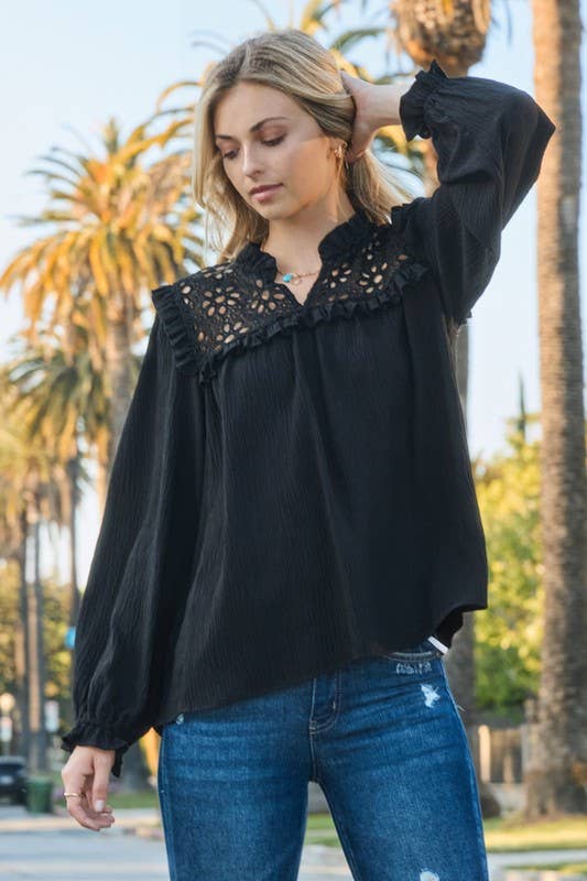 Black Eyelet Long Sleeve Blouse