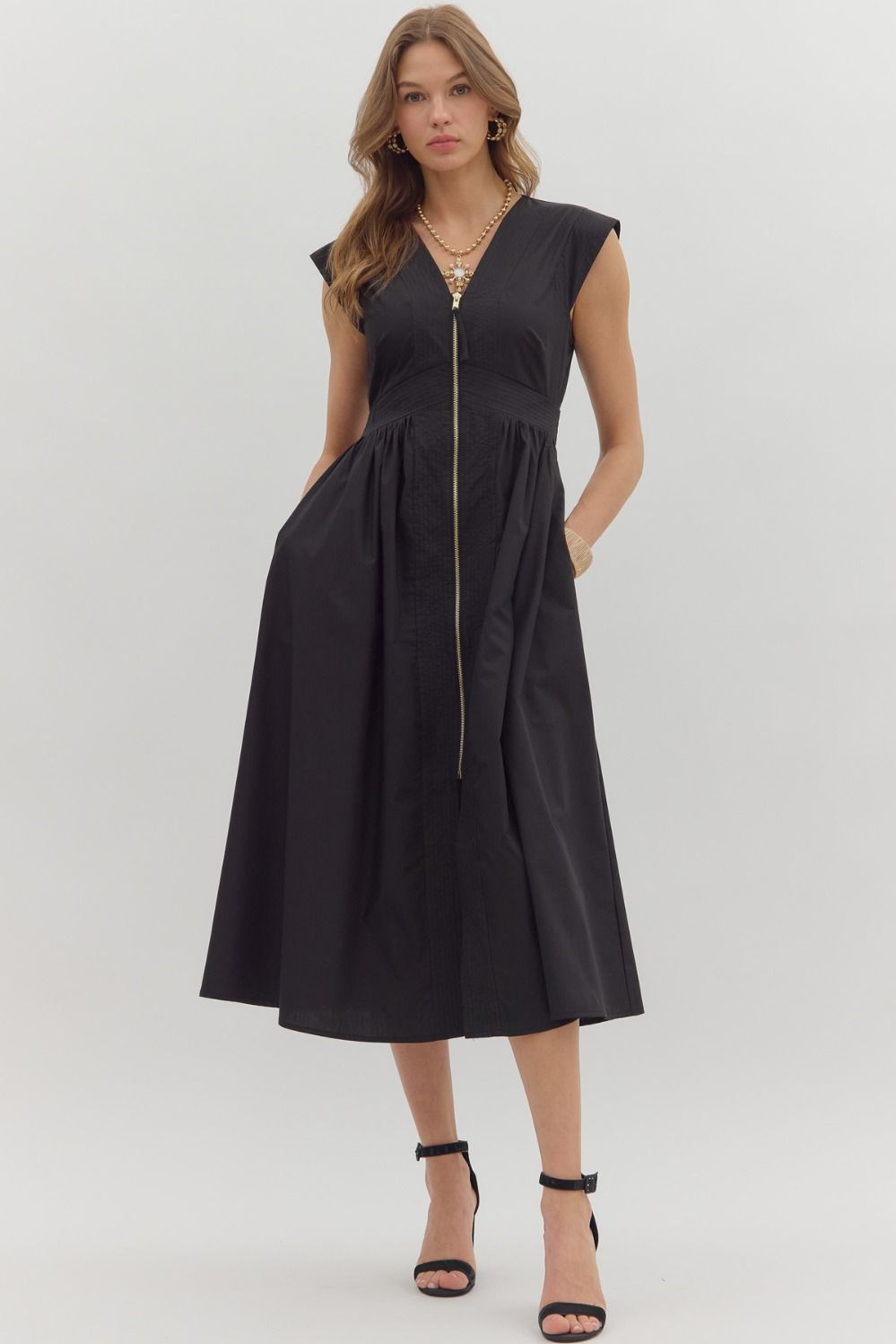 Black Smocked Waist Midi Dress