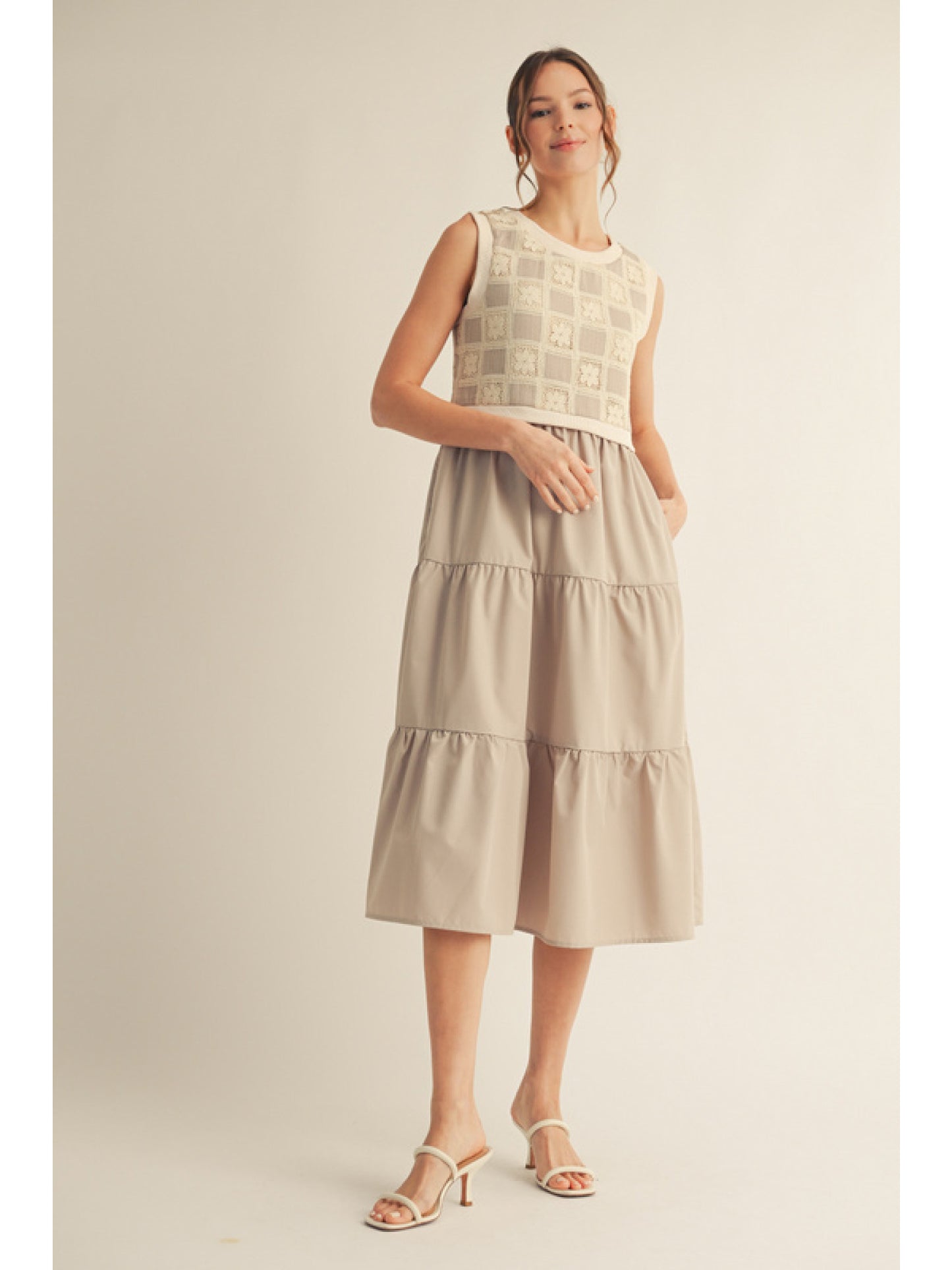 Patchwork Petal Taupe Sleeveless Midi Dress