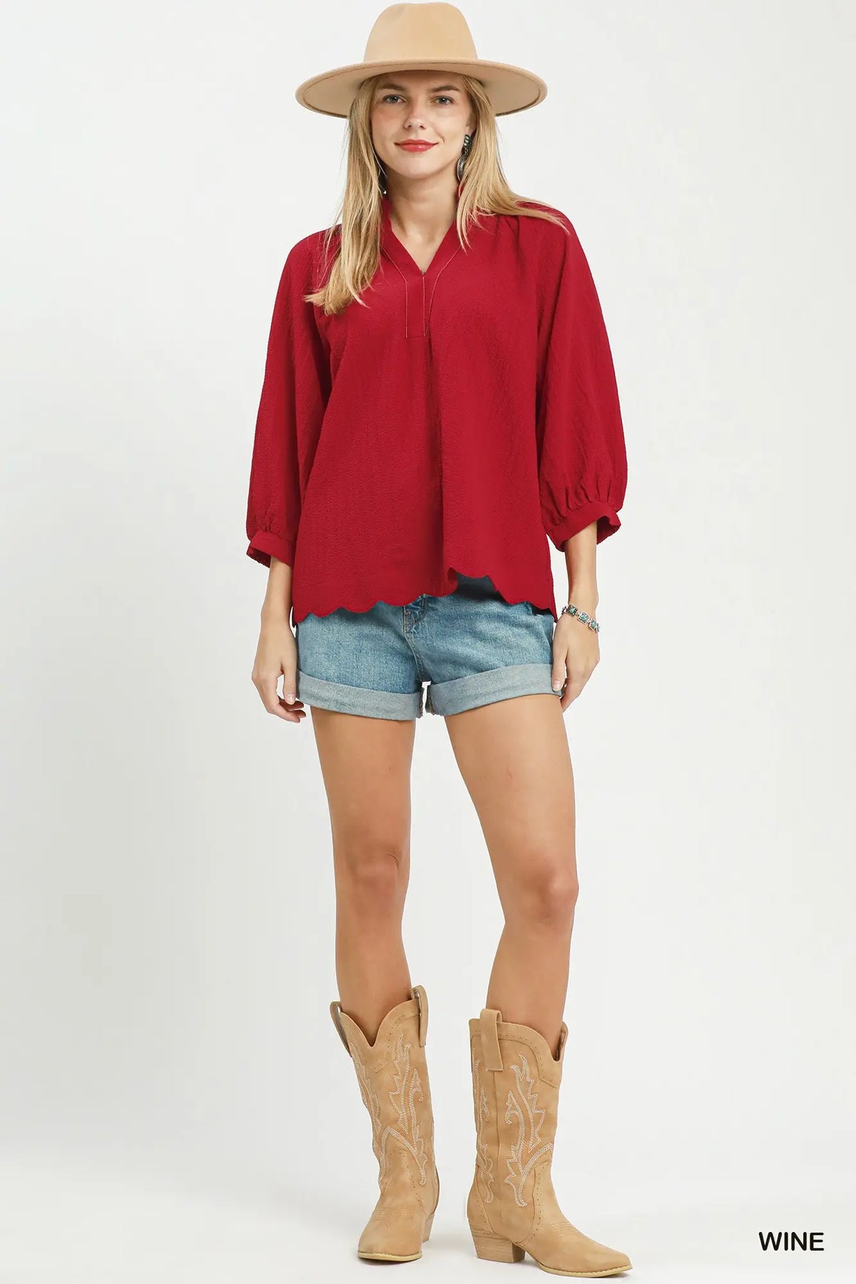 Wine Puff Sleeve Blouse