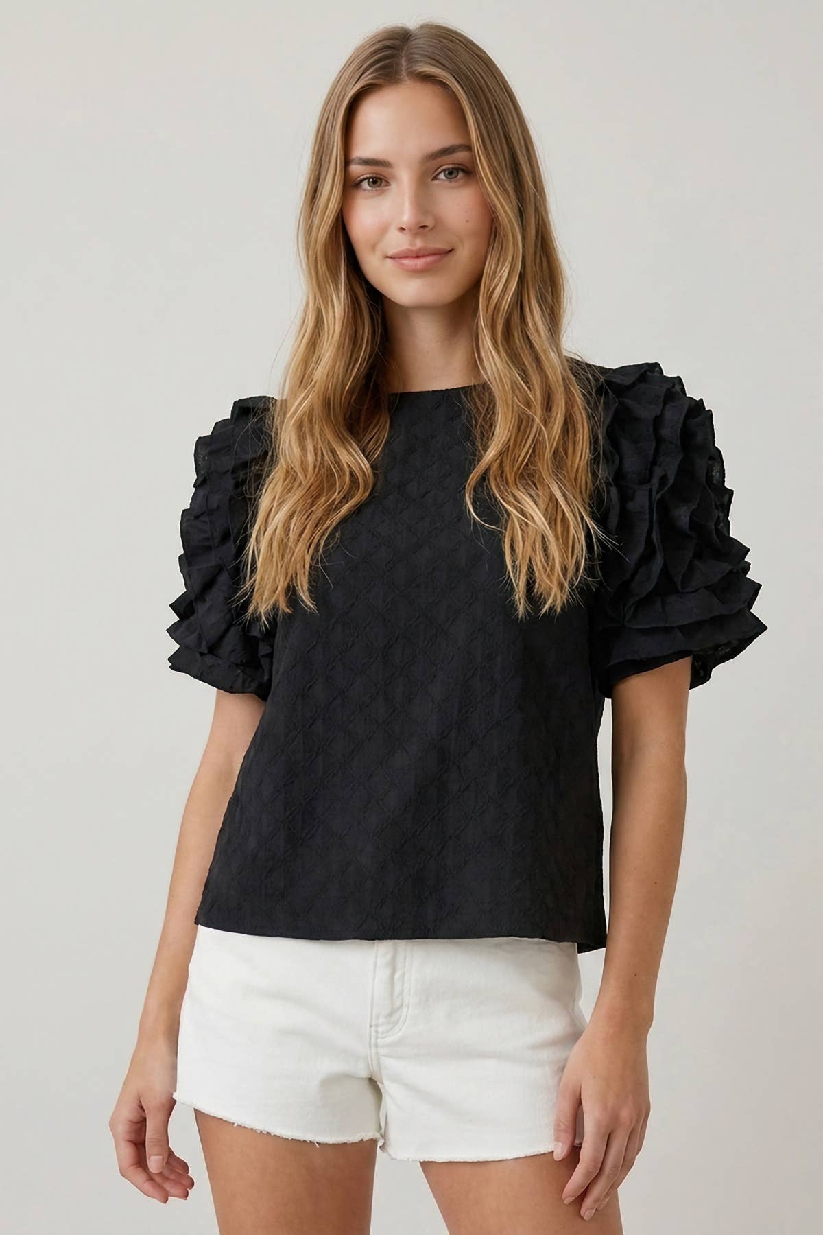 DIAMONT TEXTURED RUFFLE PUFF SLEEVE TOP - 46027T-1: Black / Contemporary / S