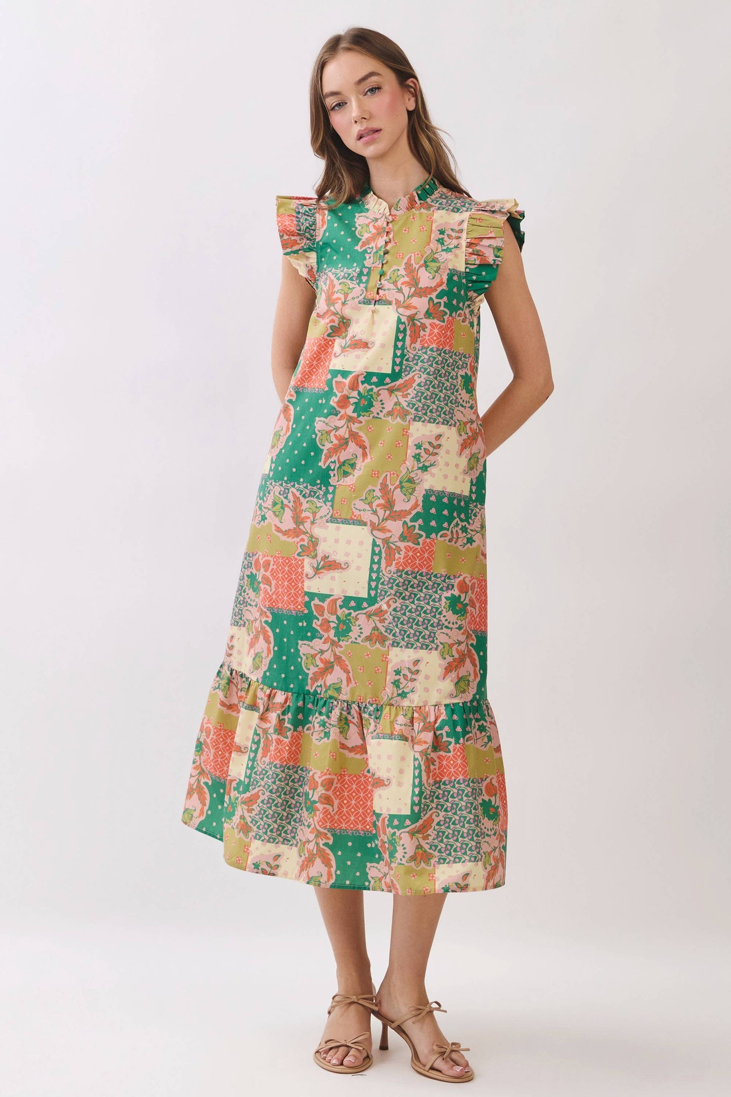 CD07299-Patchwork Print Ruffle Sleeve Midi Dress: MULTI / S