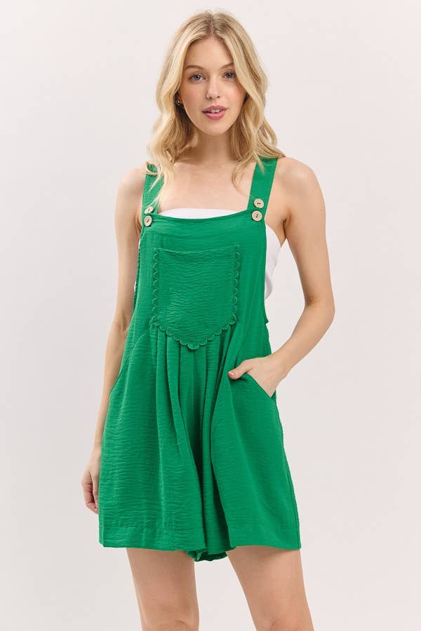 Scallop Pocket Strap Romper: RED / S