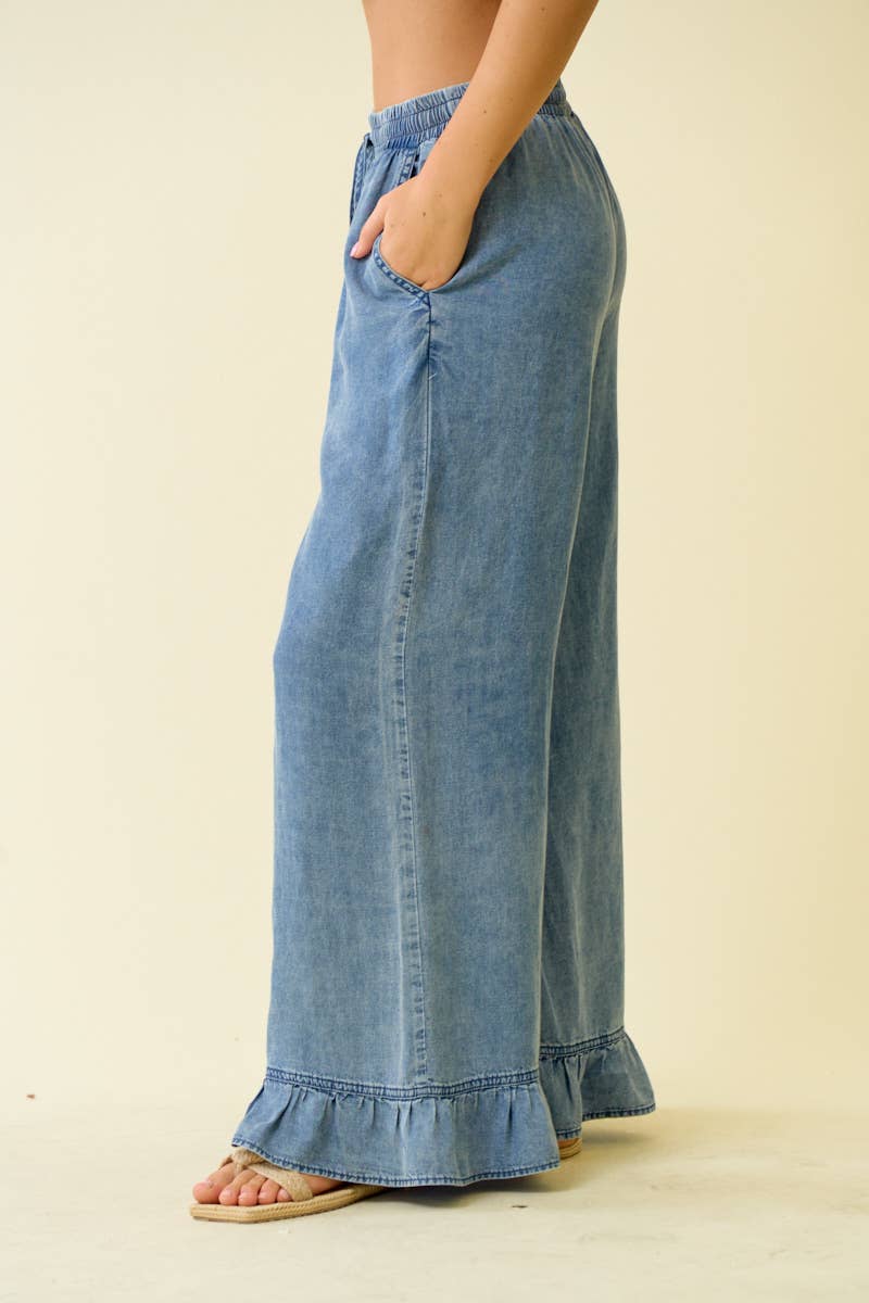 DENIM RUFFLE BOTTOM WIDE LEG PANTS - 8887P: DENIM / S