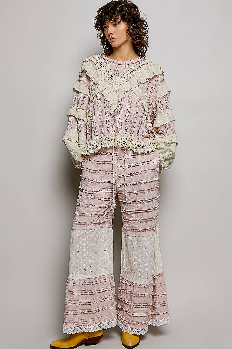 Eyelet Ruffle Raw Edge Trim Lace Solid Knit Top: CREAM BEIGE / S
