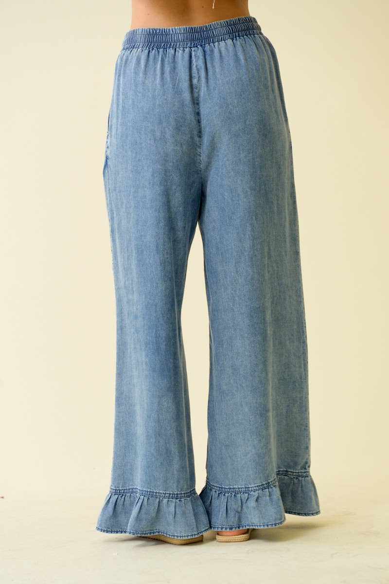 DENIM RUFFLE BOTTOM WIDE LEG PANTS - 8887P: DENIM / S