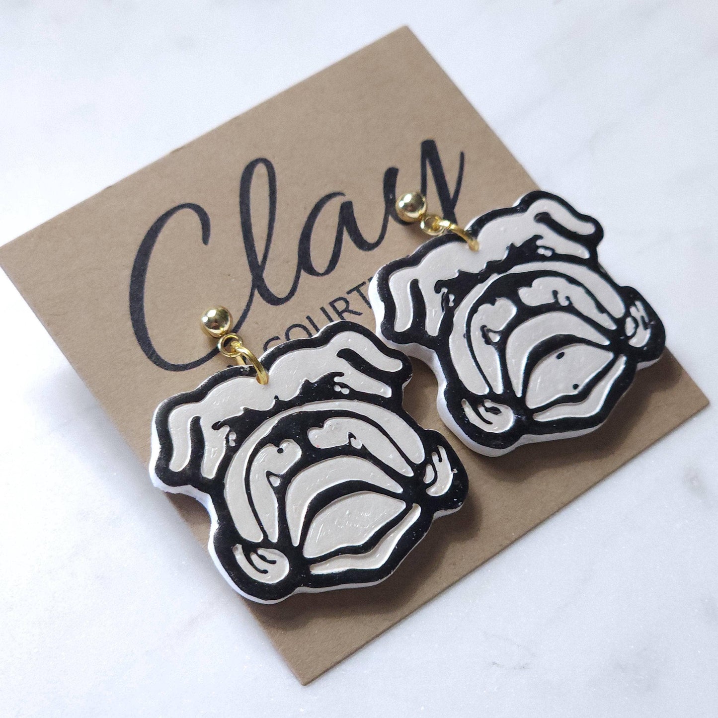Handcrafted Bulldog Dangle Earring: White