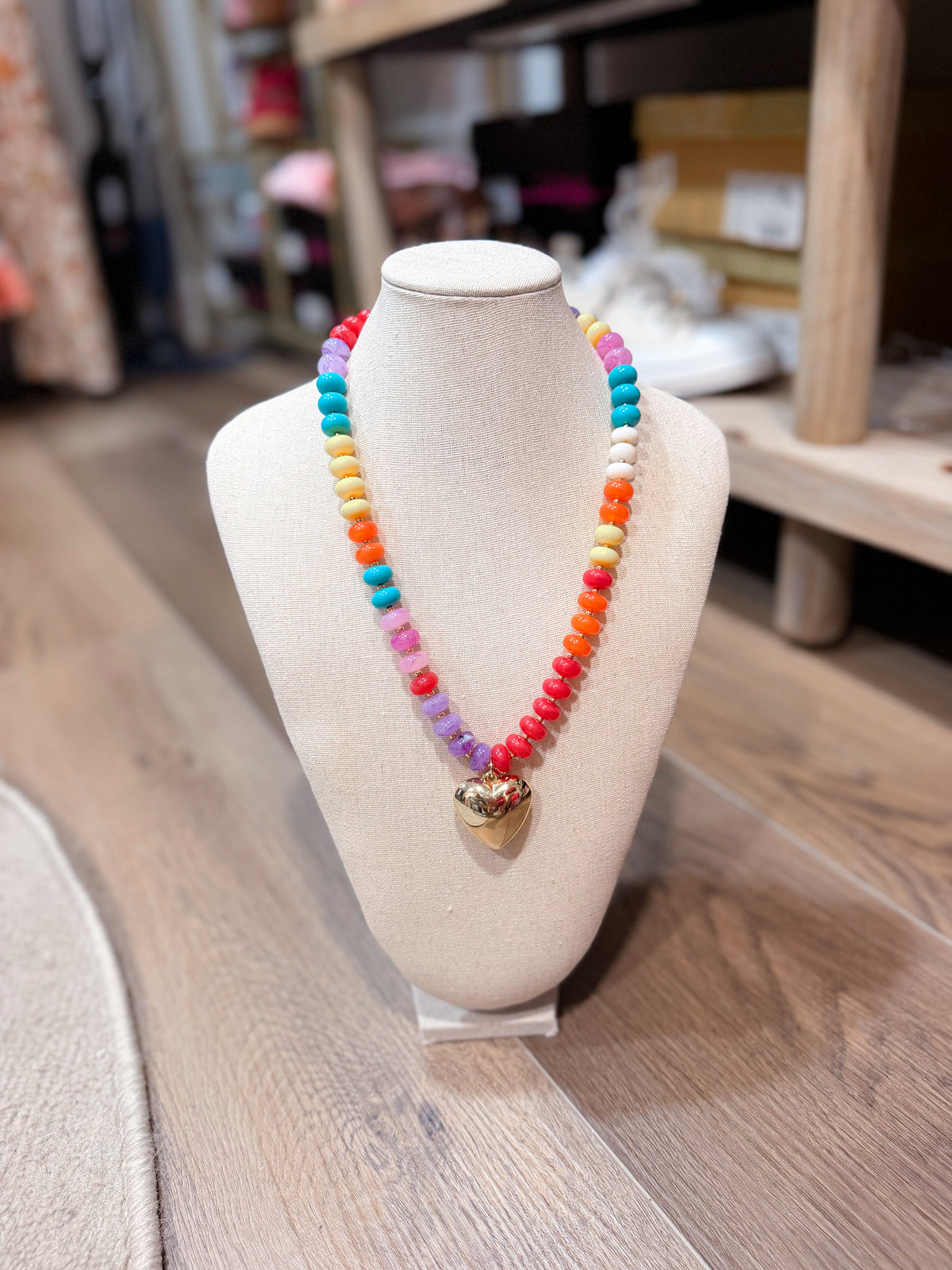 Colorful Bead Necklace with Gold Heart
