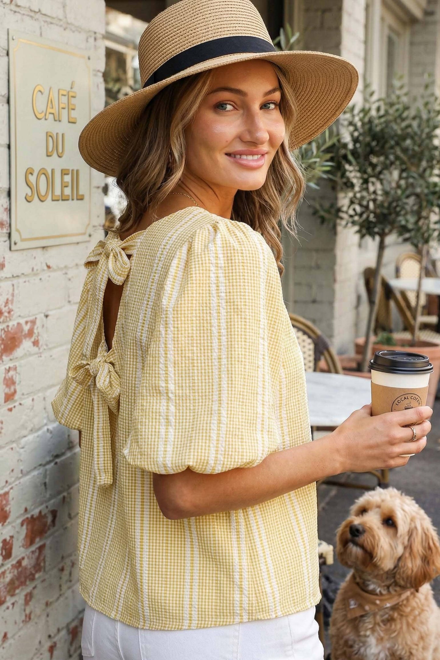 V-Back 2 Bow Accent Feminine Plaid Blouse Top VT82621C: Yellow / S