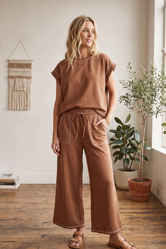Brown Contrast Stitch Scuba Lounge Set