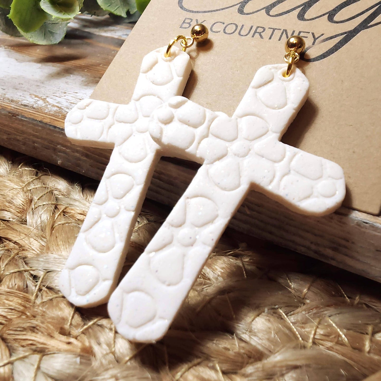 Clay Floral Cross Earrings: White