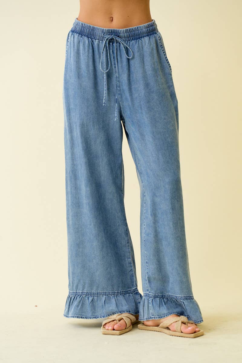DENIM RUFFLE BOTTOM WIDE LEG PANTS - 8887P: DENIM / S