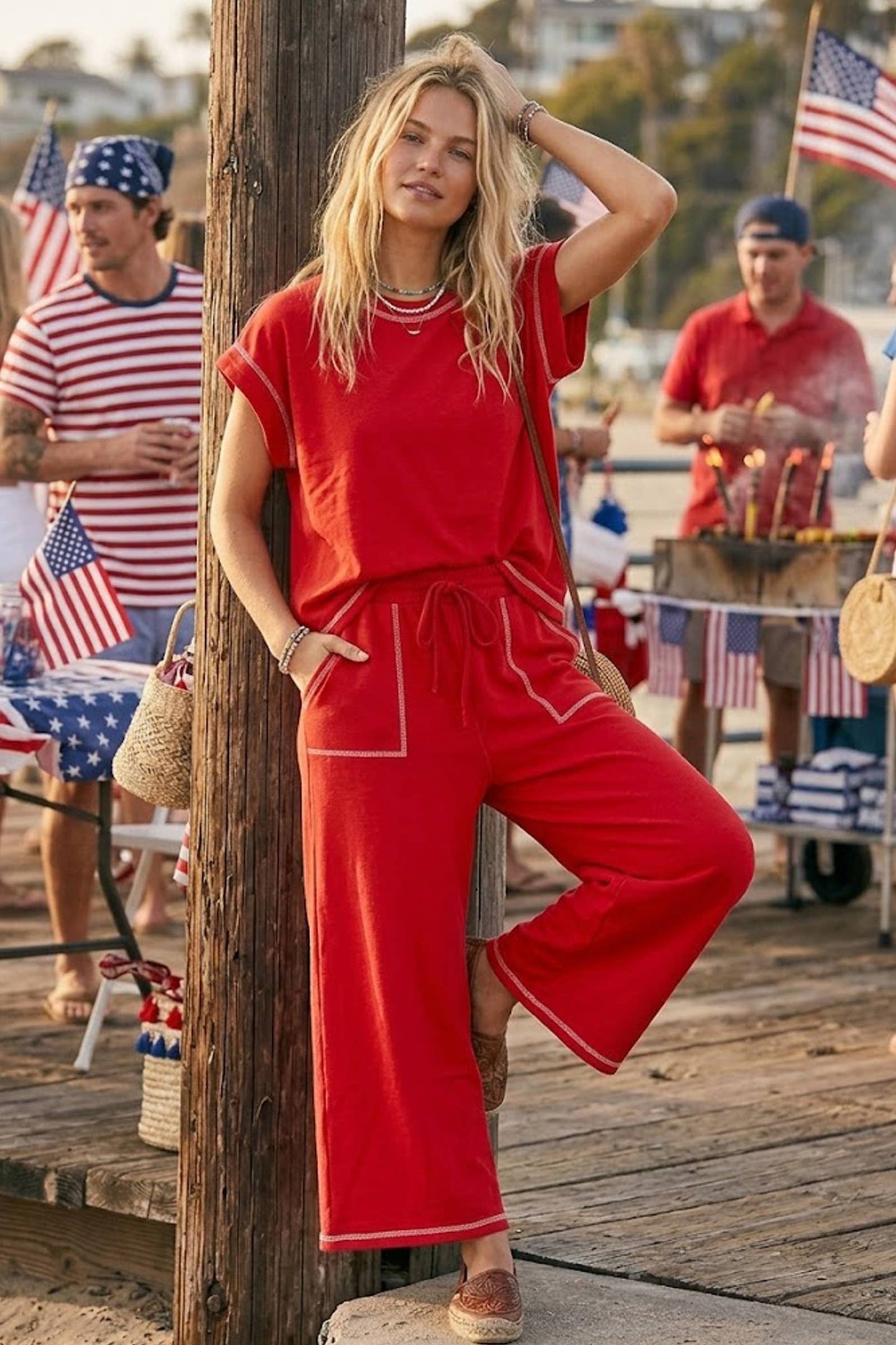 (Original Design) Scuba Contrast Stitch Lounge Set: RED / S