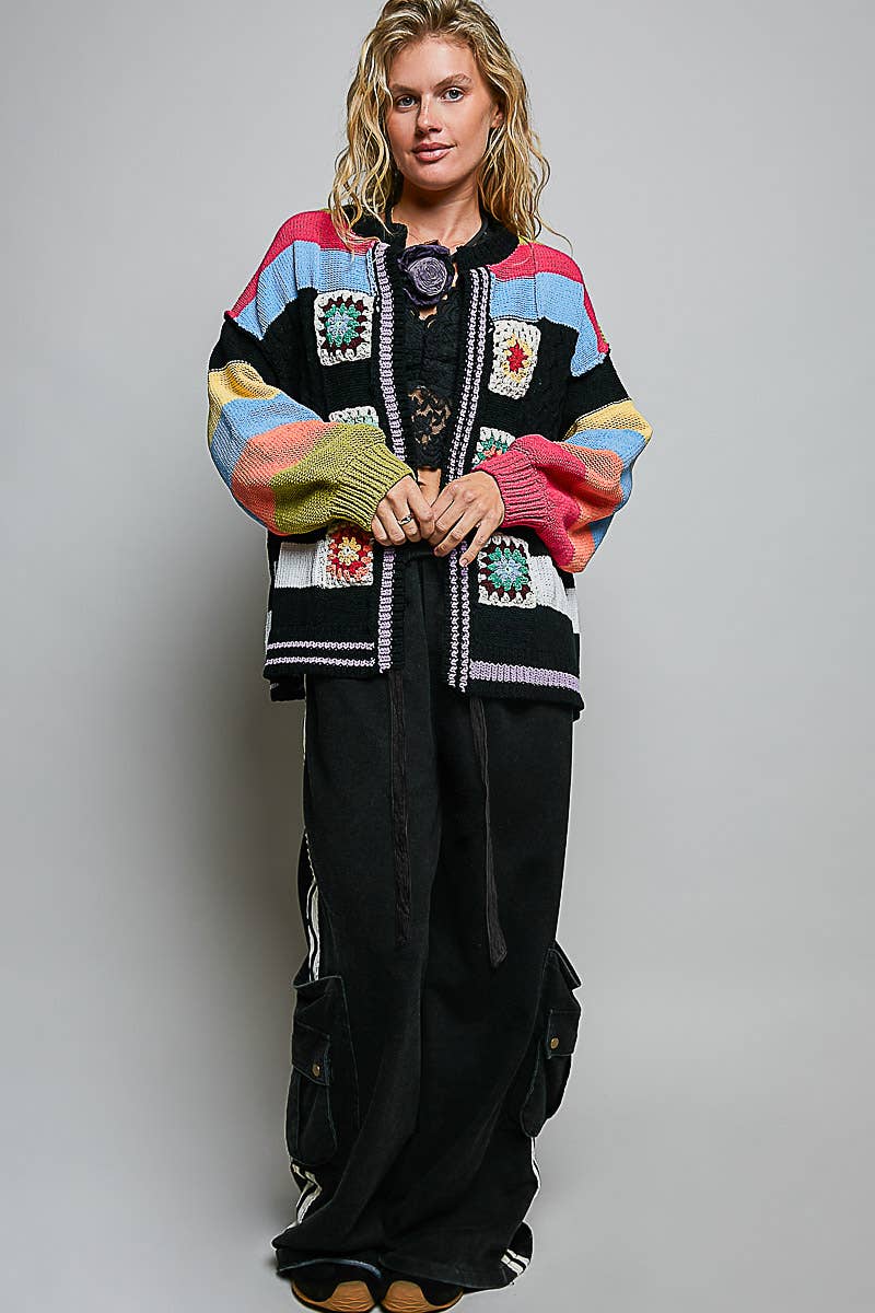 Handmade Patchwork Striped Chenille Sweater Open Cardigan: ROSE MULTI / S