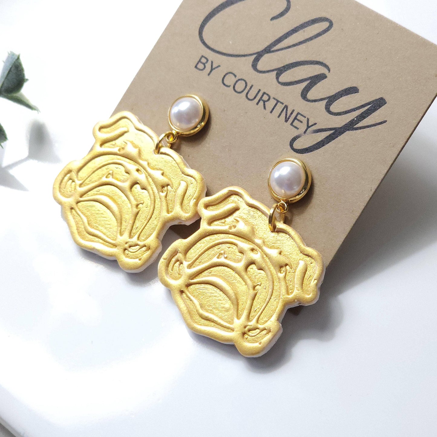 Handcrafted Bulldog Dangle Earring: White