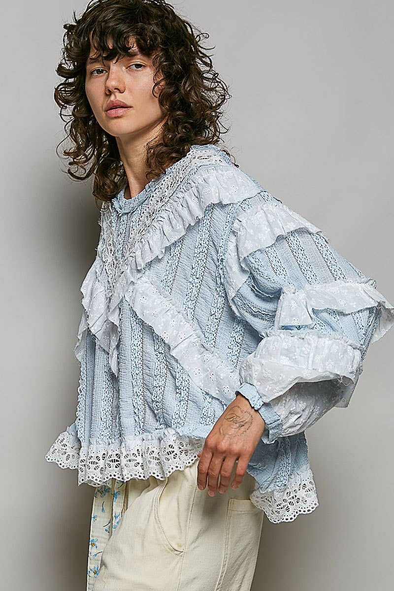 Eyelet Ruffle Raw Edge Trim Lace Solid Knit Top: CREAM BEIGE / S