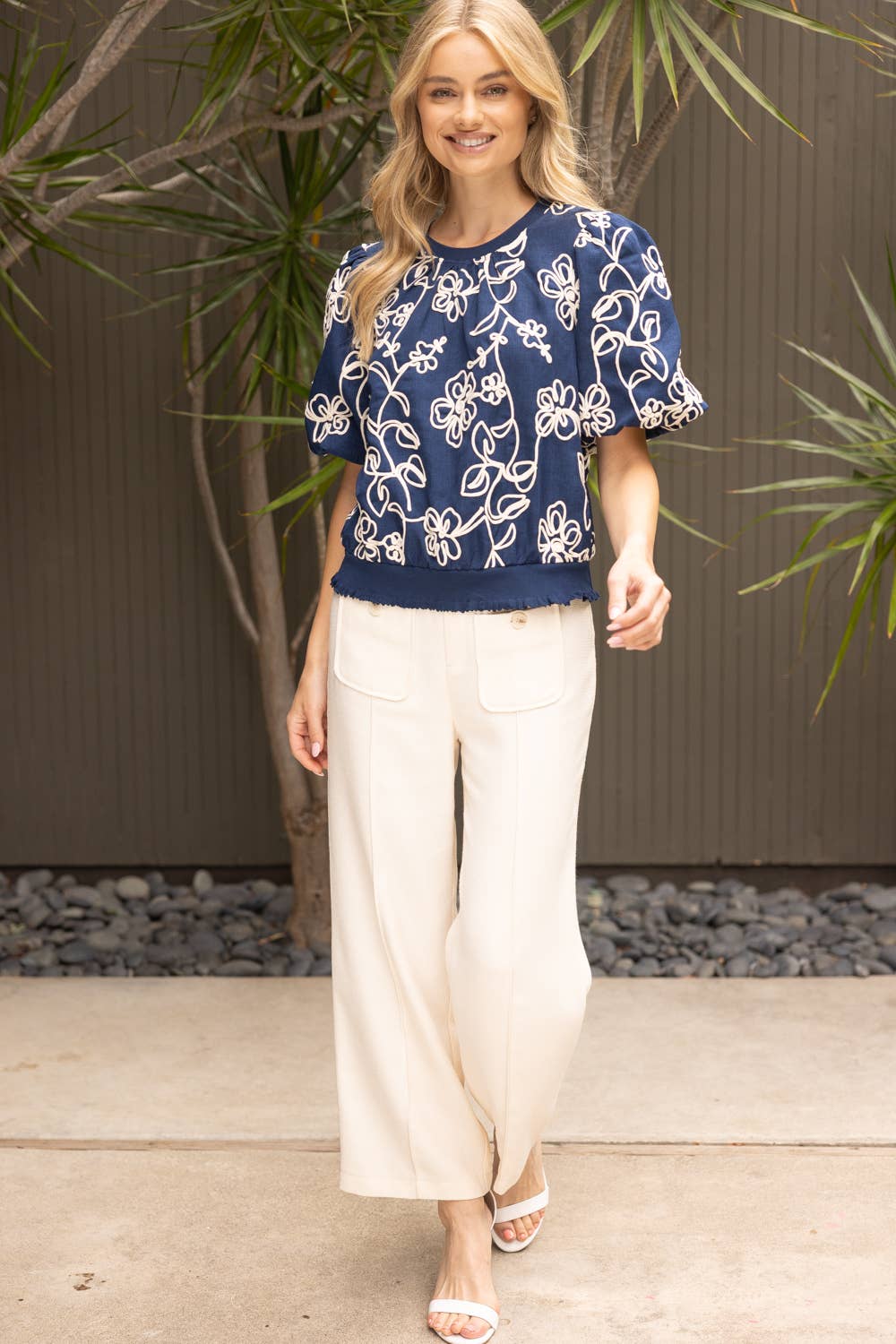35867 Floral Embroidered Short Bubble Sleeve Top: Pink / S