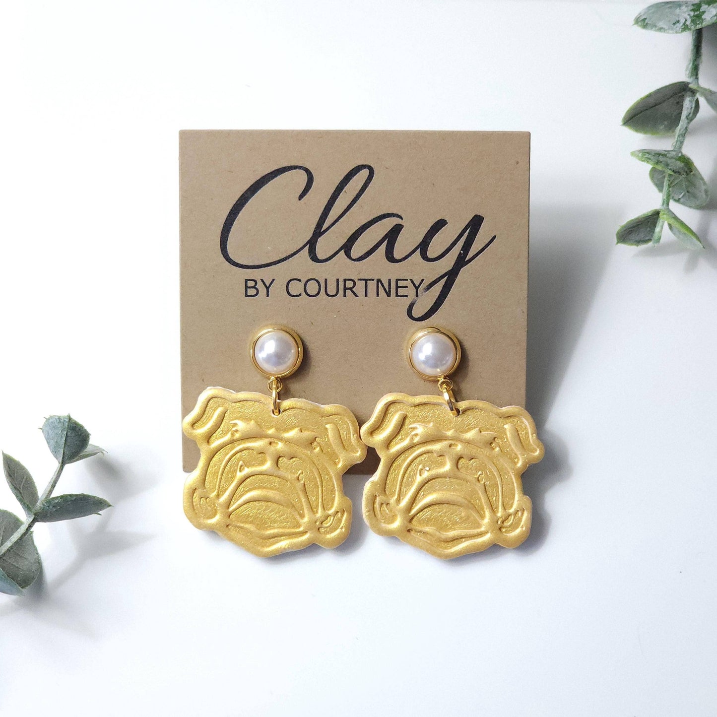 Handcrafted Bulldog Dangle Earring: Gold