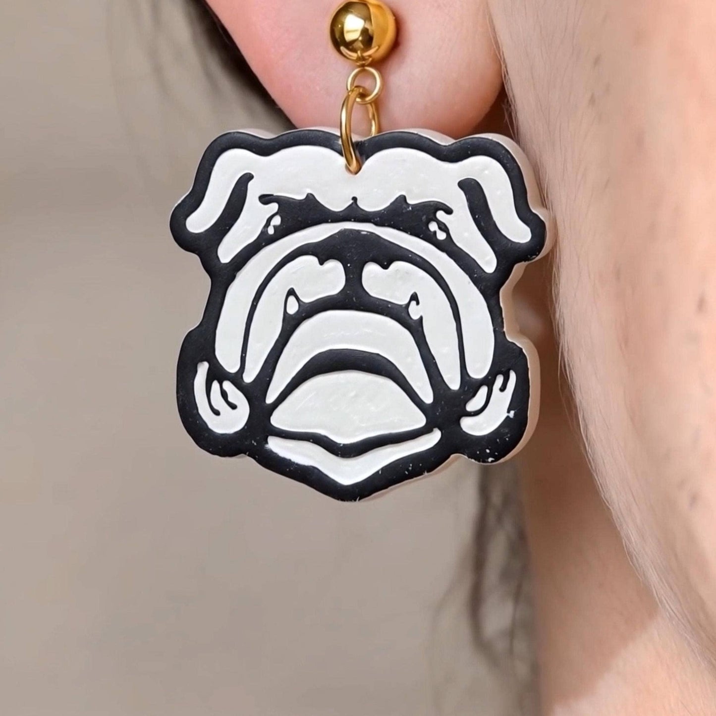 Handcrafted Bulldog Dangle Earring: White