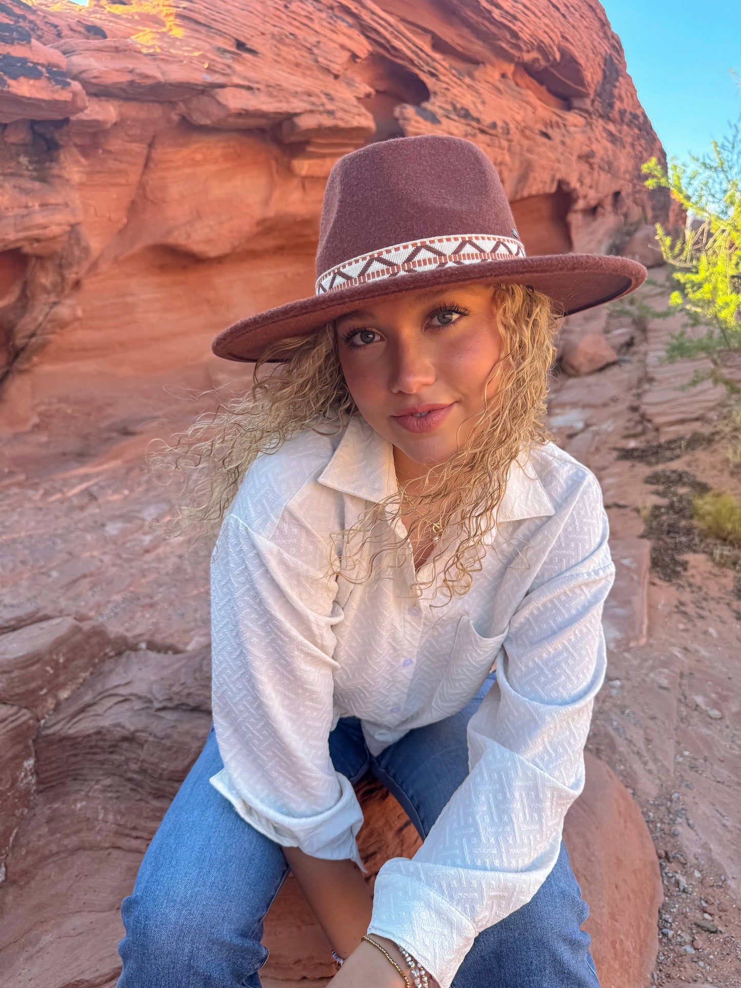 Oatmeal Geometric Band C.C Vegan Felt Hat