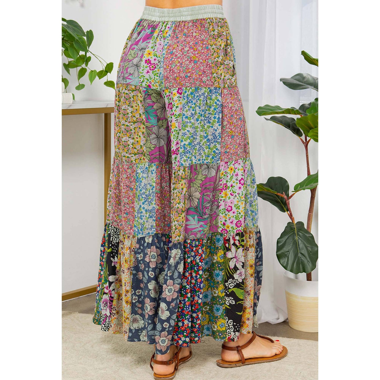 Printed Patchwork Overdyed Pants With 4 Tiers: Olive / (S-M-L-XL 1-2-2-1)
