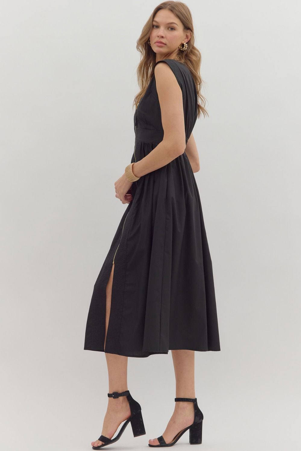 Black Smocked Waist Midi Dress