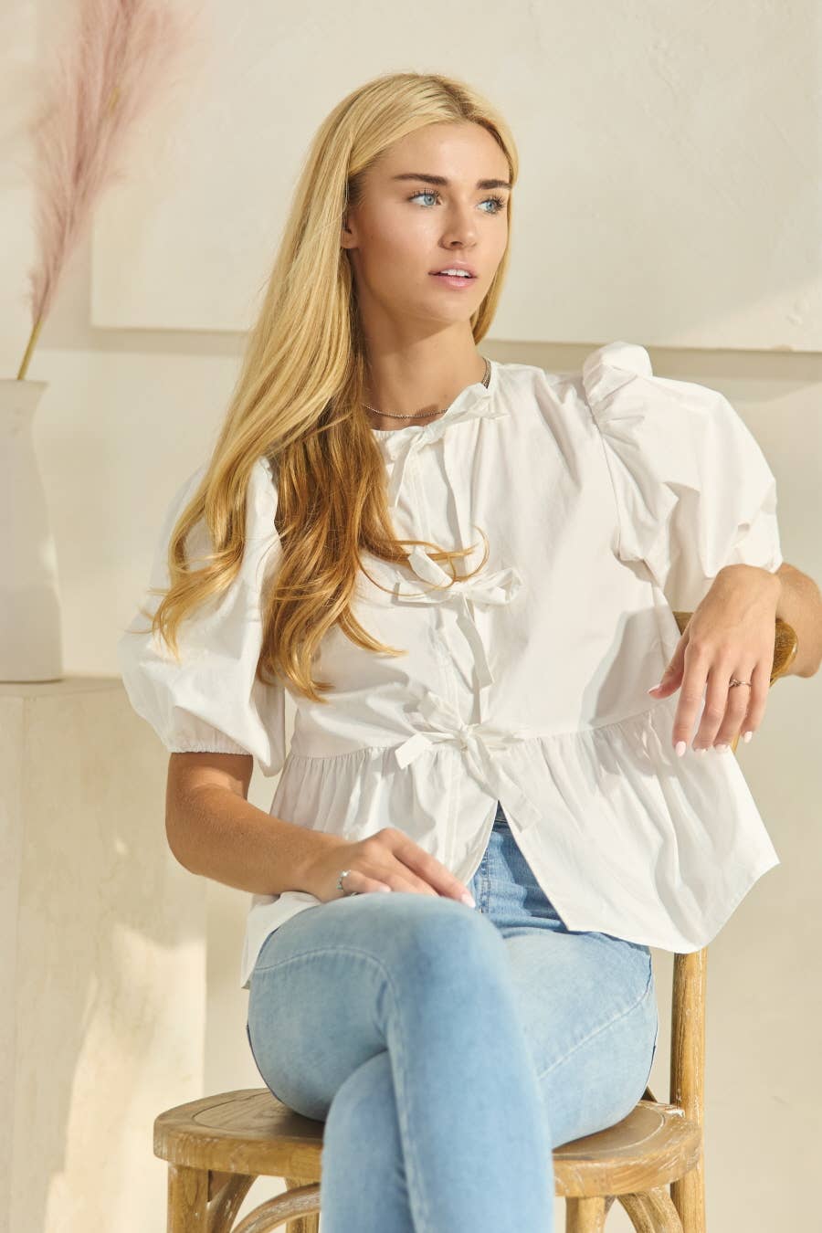 Plus Solid Cotton Poplin Front Tie Ribbon Blouse: Red / XL