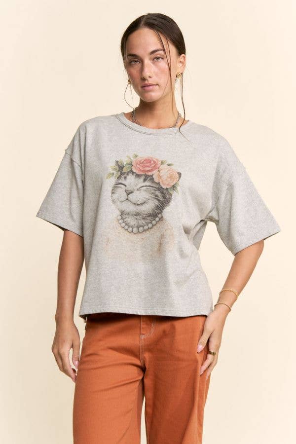BLOSSOM-CROWNED KITTY PRINTED TOP: Beige / S