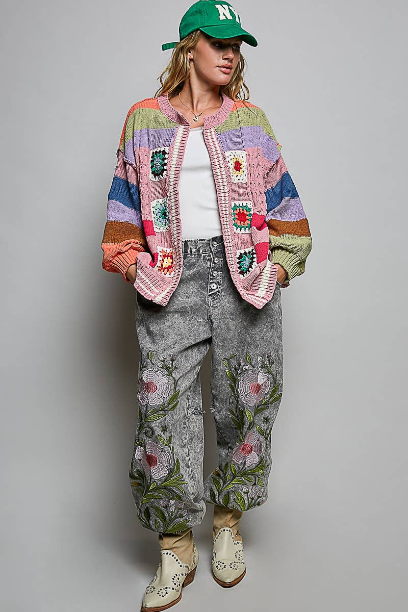 Handmade Patchwork Striped Chenille Sweater Open Cardigan: ROSE MULTI / S