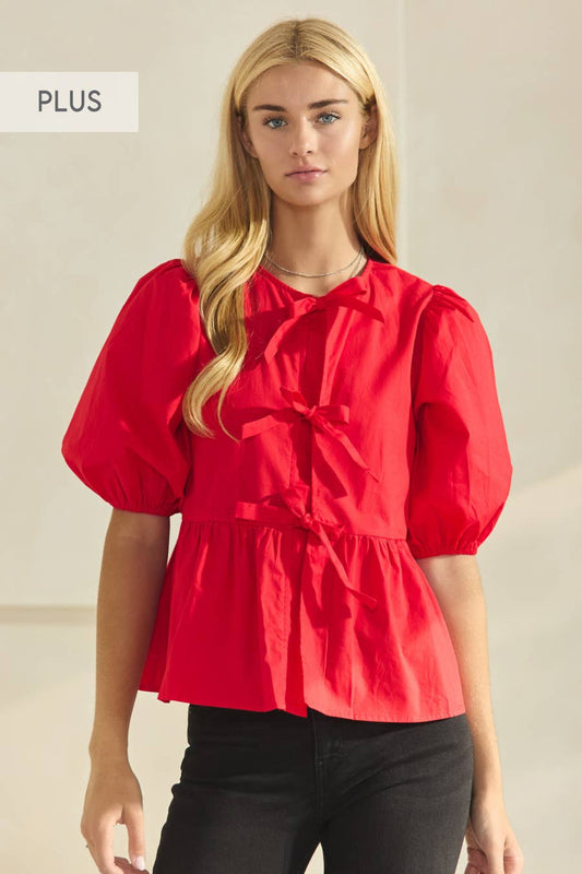 Plus Solid Cotton Poplin Front Tie Ribbon Blouse: Red / XL