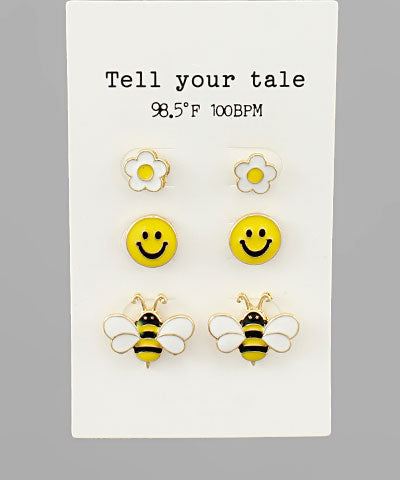 Epoxy Bee & Smiley Earring Set