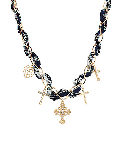 Navy Multi Cross Charm Scarf Necklace